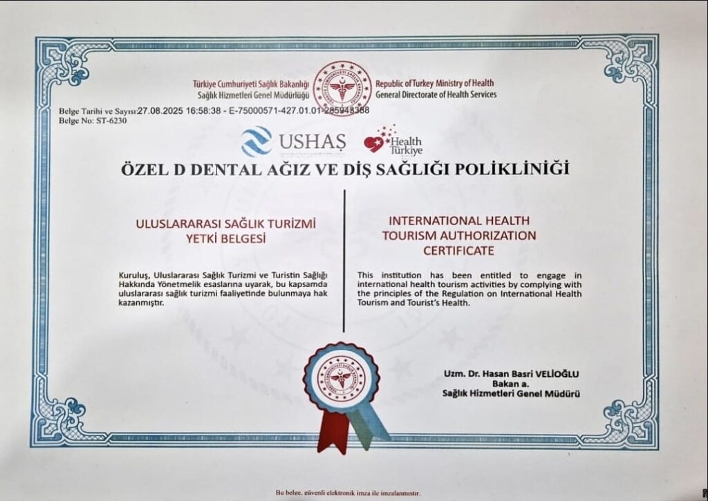 Republic of Türkiye Ministry of Health International Health Tourism Authorization Certificate No. ST-6230 issued to Özel D Dental Ağız ve Diş Sağlığı Polikliniği